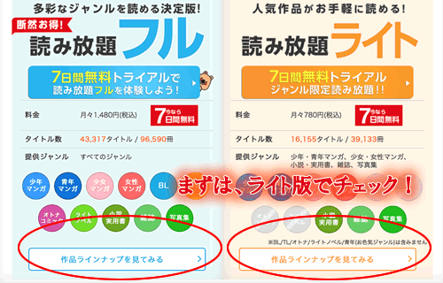 コミックシーモアの読み放題のフル・ライトを選択